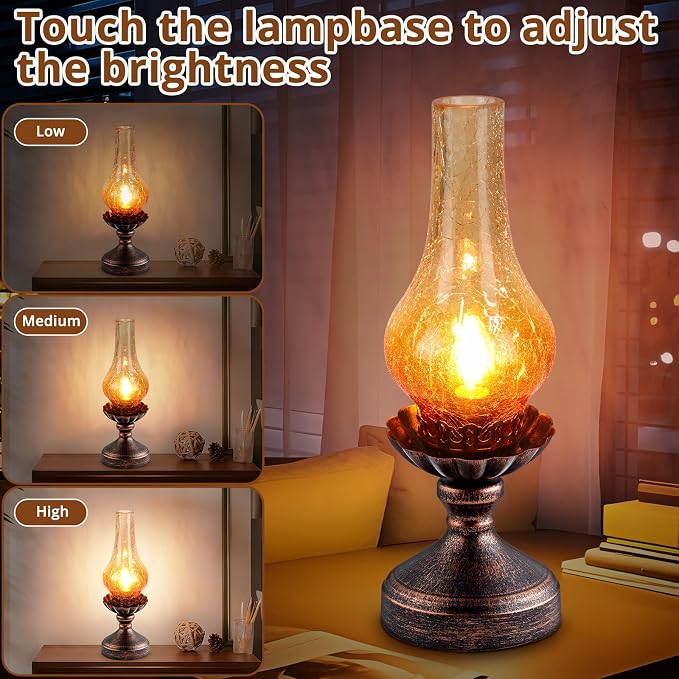 Vintage Table Lamp with Red Amber Gradient Crackle Glass Shade,Touch Control & 3-Way Dimmable Rustic Retro Farmhouse Bedside Lamp for Bedroom, Living Room, Cabin, Office (LED Candle Bulb Included)