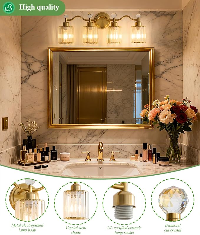 4-Light Gold Bathroom Light Fixtures,Modern Bathroom Vanity Lights Fixture with Clear Crystal Glass Shade, Modern Crystal 3 Lights Wall Sconce for Mirror Bedroom Living Room