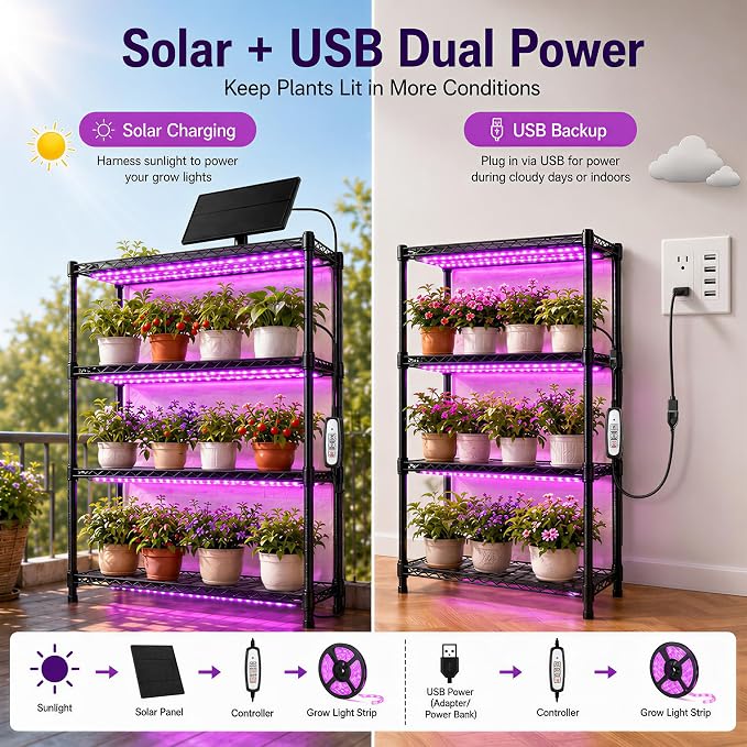 16.4FT Solar Grow Light Strip for Indoor Outdoor Plants | with Full Spectrum LED Waterproof Plant Growing Lights & 16.4FT Power Cord, Solar Panel, 2/4/8H Timer, for All Growth Stages