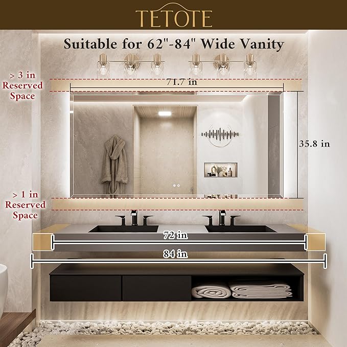 TETOTE 72 x 36 Large LED Mirror Backlit, Beveled Bathroom Mirror with Backlight, Tempered Glass, 3 Colors Lights, Defogger, Adjustable Brightness, Smart Mirror, Frameless Vanity Mirror for Wall