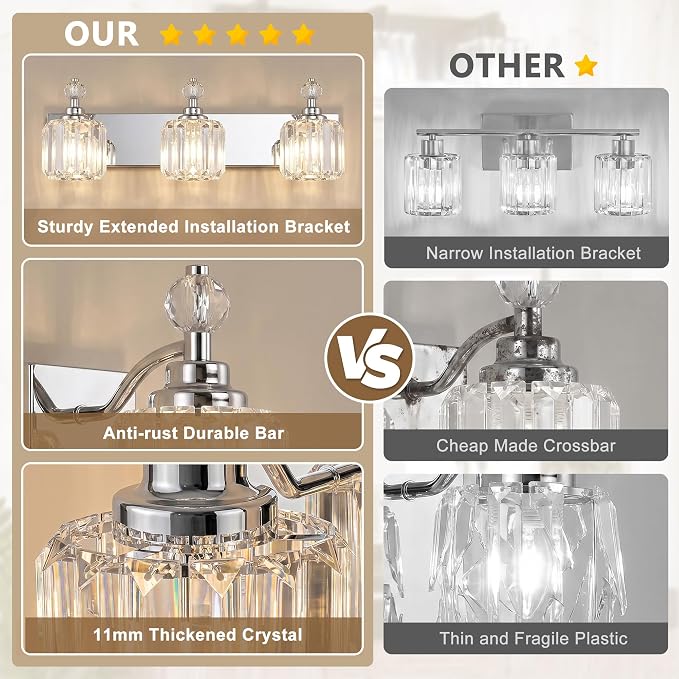 Chrome Light Fixtures, 3 Light Bathroom Vanity Light with 42pcs Crystal Sheet, 22in Modern Vanity Light, Bathroom Lighting Fixtures Over Mirror