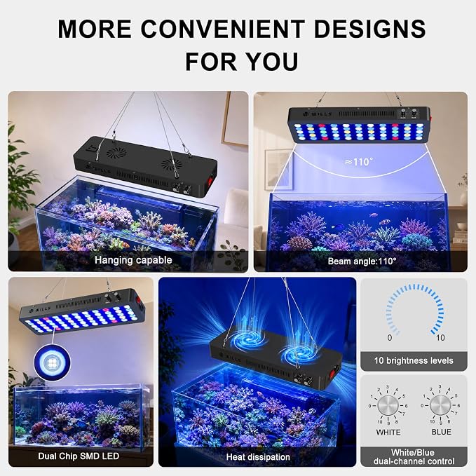 Wills Aquarium Light, 100W Full Spectrum LED Reef Lights, 20"x7"x2.4" | For Coral Saltwater Fish Tank, Blue/White Dual Dimmable Channels, 55 Premium SMD LEDs, Daisy Chain Design, Hanging Kit