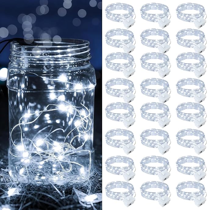 24 Pack White Fairy Lights Battery Operated, 7ft 20 LED Mini String Twinkle Lights for Christmas Halloween Easter Mason Jars Centerpiece Table Decorations (24, White)