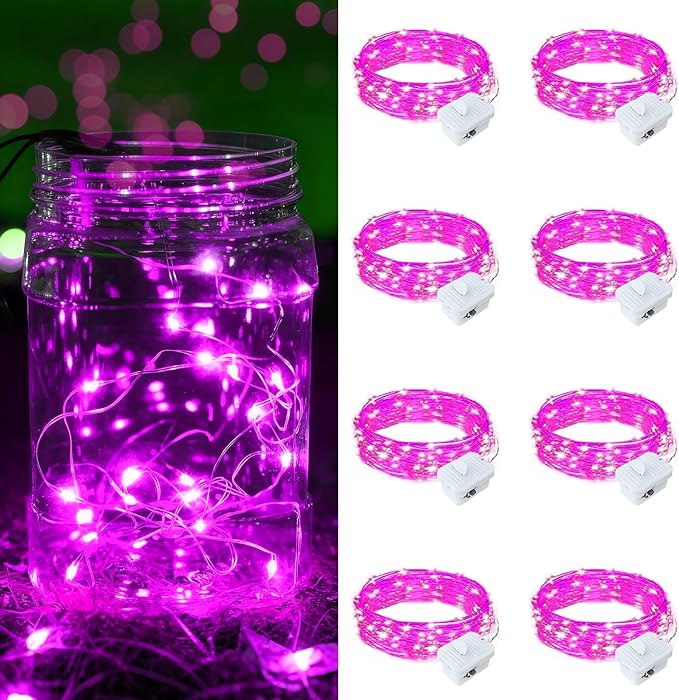 8 Pack Pink Fairy Lights Battery Operated, 7ft 20 LED Mini String Twinkle Lights for Valentine's Day Easter Christmas Halloween Mason Jars Centerpiece Table Decorations (8, Pink)