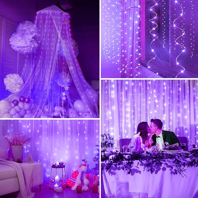 Minetom Halloween Curtain Lights, 300 LED Dimmable Fairy Lights with Remote and Timer, 8 Modes, USB Powered String Lights for Room Wall Party Xmas Indoor Decor, Purple