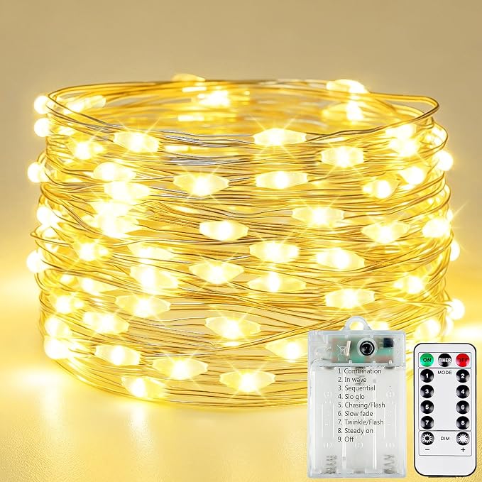 Fairy Lights Battery Operated 80 LED 26FT Remote Twinkle Lights Warm White | 8 Modes, Timer, Waterproof & Cuttable Wire, Battery String Lights for Outdoor Indoor Fireplace Window Cabinet Christmas Décor