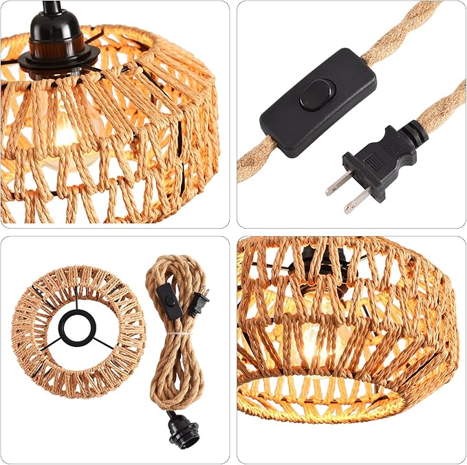 2 Pack Plug in Pendant Light Rattan Hanging Lamp with Switch,Mini Rattan Boho Semi Flush Mount Ceiling Light,Hand Woven Hallway Light Fixtures for Bedroom Entryway