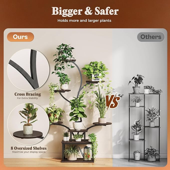 51 Inch Plant Stand with Grow Lights, 8 Tiered Indoor Plant Shelf | Plant Rack with Larger Flower Holder, Curved-tubed Design, 3 Light ModesCorner, for Living Room, Walnut