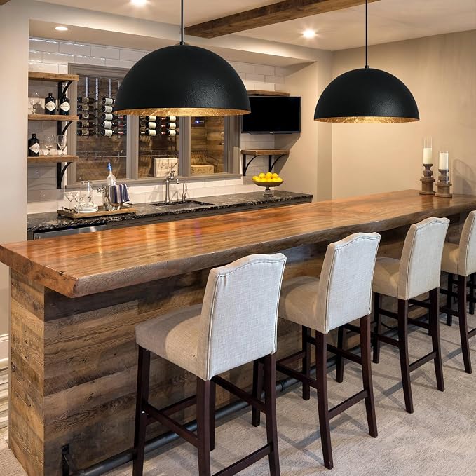 15 Inch Black and Gold Leaf Pendant Light, Grainy Matte Black Dome Chandelier with Hand-Applied Gold Leaf Interior, E26 Socket for Kitchen Island, Dining Room, or Bar