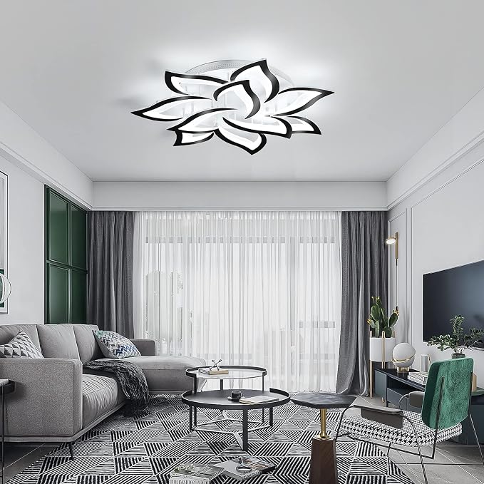 Garwarm 33.4" Modern LED Low Profile Flush Mount Ceiling Light, Dimmable | Black Flower Petal Ceiling Light with Remote, Acrylic, 3000K-6500K, Memory for Kitchen, Living Room, Bedroom, Dining Room