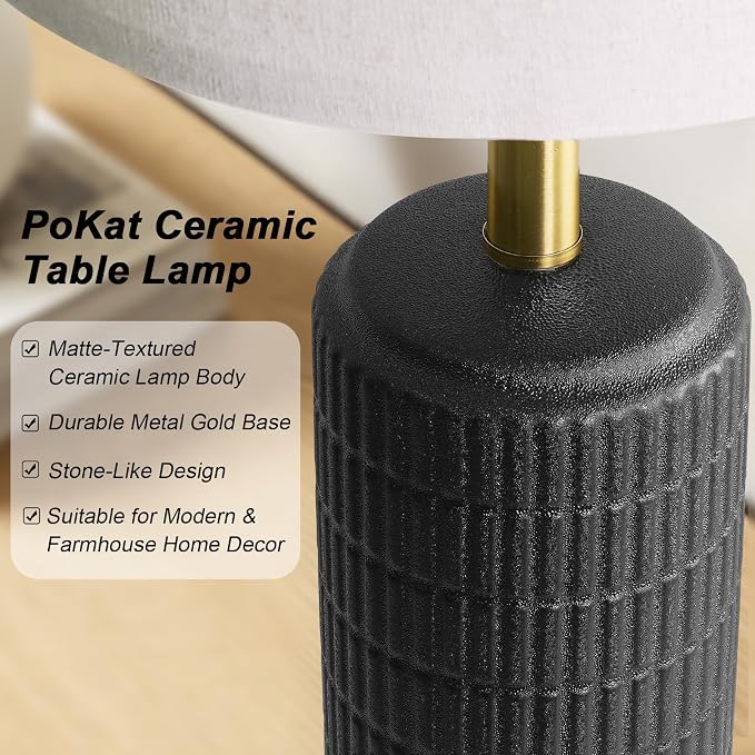 PoKat 25'' Black Ceramic Table Lamps Set of 2 with Gold Base for Bedroom Living Room, Farmhouse Matte-Textured Bedside Lamps for Nightstand Sideboard End Table with Stone-Like Design (Matte Black)