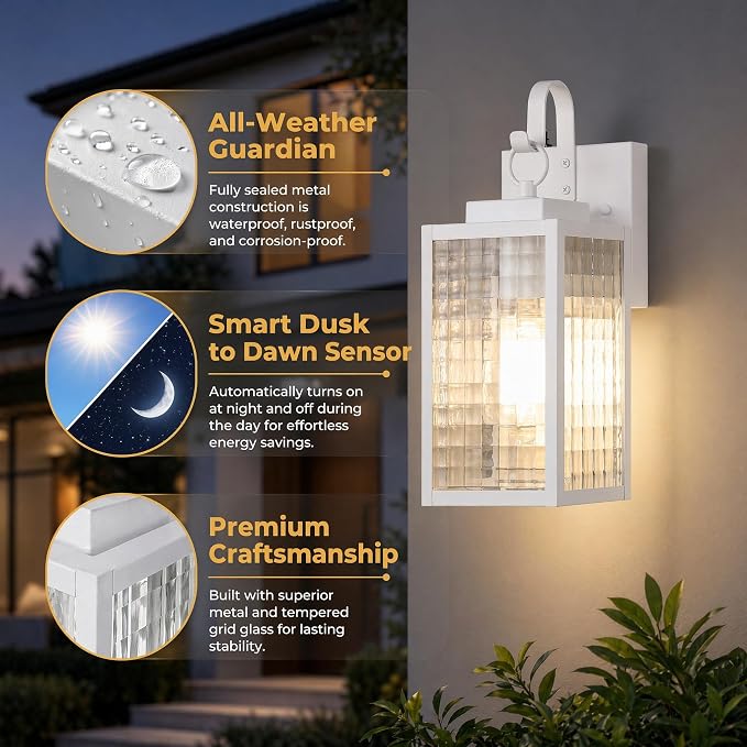 11.8-Inch Dusk to Dawn Outdoor wall Light, Simple White Porch Light | All-Metal Frame, Rust-Resistant Outdoor Lighting Fixture, Checkered Tempered Glass,Easy to Install