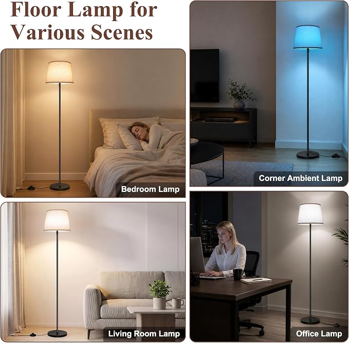 Ascher 2000LM Super Bright Floor Lamp, 18W LED Standing Lamp with 3000K-6000K & 7 RGB Colors, Remote & Foot Control, Dimmable Tall Lamp for Living Room Bedroom Office (Beige Flaxen Shade)