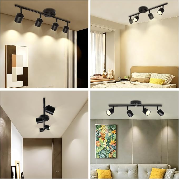 23.62 Inch 4-Light Matte Black Track Lighting Fixture, Rotatable Adjustable GU10 LED Ceiling Spotlight, Dimmable Warm White Indoor Light for Gallery Kitchen Bedroom Retail Store