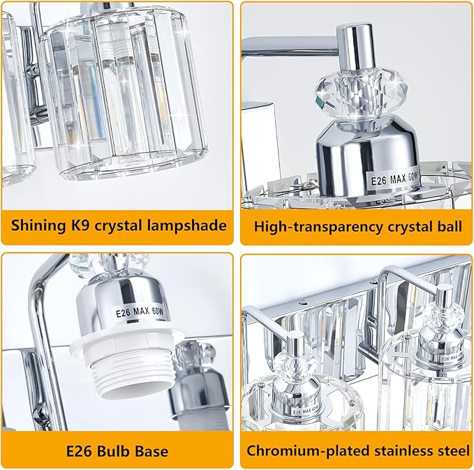 4-Light Modern Bathroom Light Fixture Chrome Bathroom Vanity Lights Over Mirror Wall Sconce Lighting with K9 Crystal Shades E26 Base for Bedroom, Living Room, Hallway, Cabinet Wall Lamp