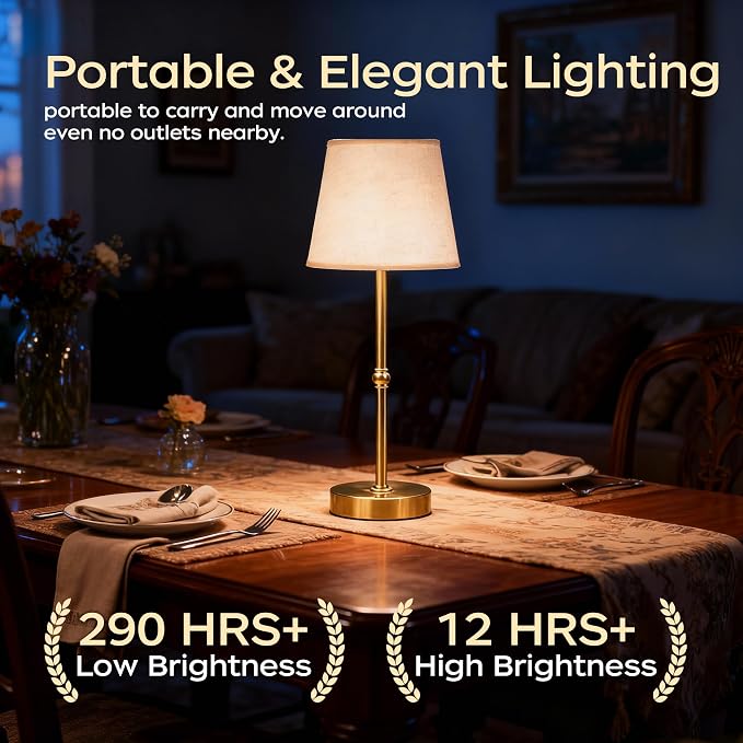 Cordless Table Lamp Rechargeable, 6000mAh Battery Operated LED Lamp with USB-C, Touch Control Stepless Dimmable Small Gold Fabric Lamp for Kitchen Counter, Small Spaces, Bedroom, Living Room