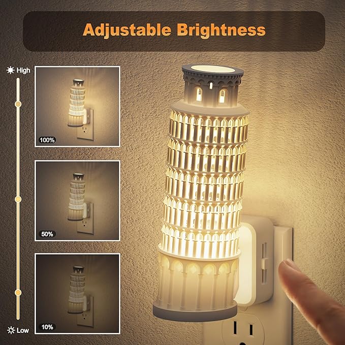 JandCase Night Lights Plug into Wall,2 Pack 3D Printed Leaning Tower of Pisa Night Light,3000K Plug in Nightlight with Dusk to Dawn Sensor,0-100LM Adjustable Brightness for Rooms Bathroom Hallway