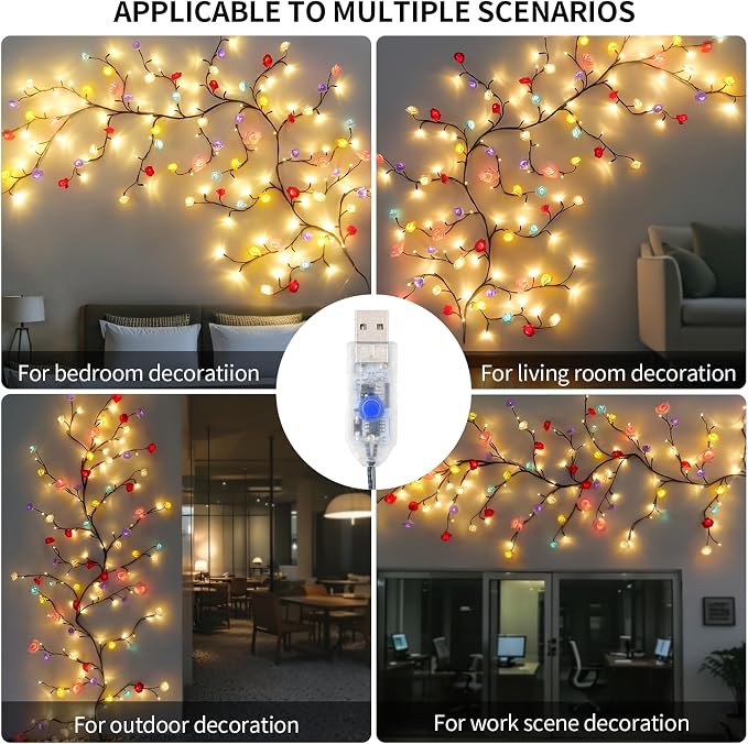7.55FT 144LED Macaroon Rose Blossom Enchanted Willow Vine Light,Battery Box | 6 Color USB Blossom Tree Branch Lights for Wall, Remote Timer,8 Light Model,Bedroom Wall Doors Wedding, Christmas