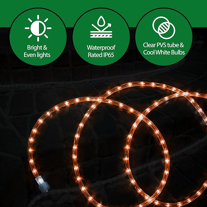 Tupkee LED Rope Light Orange - for Indoor and Outdoor use, 24 Feet (7.3 m) - 10MM Diameter - 144 LED Long Life Bulbs Rope Tube Lights - Pack of 2