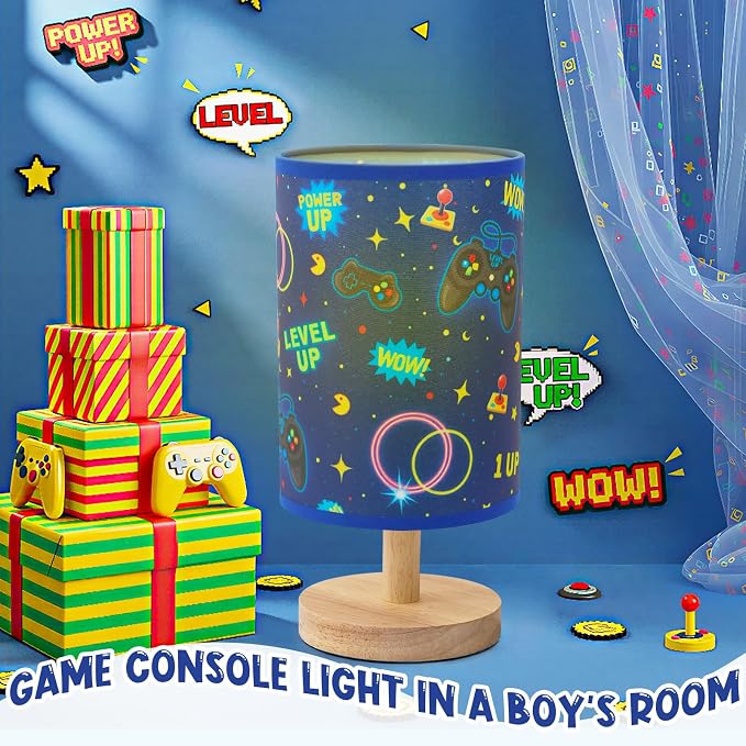 Kids Gaming Lamp for Boys Bedside Lamp with Linen Wooden Nightstand Cartoon Nursery Video Game Lampshade for Kids Gamer Decor