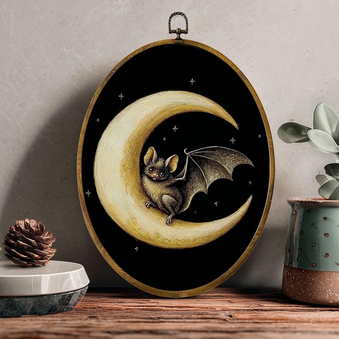 zewepri Bat Crescent Moon Oval Wall Art, Gothic Cottagecore Decor, 8.5x11.5 | Whimsical bat on crescent moon with stars adds moody charm to bedrooms, bathrooms, living rooms, or gallery walls.
