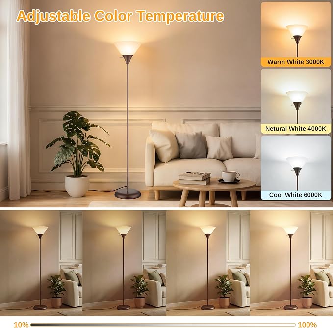 Coucrek Floor Lamp for Living Room, Torchiere Standing Light | Remote Control Stepless Dimmable Brightness & Color Temperature, 9W LED Bulb Included, Tall Lamp for Bedroom, Office, Dorm