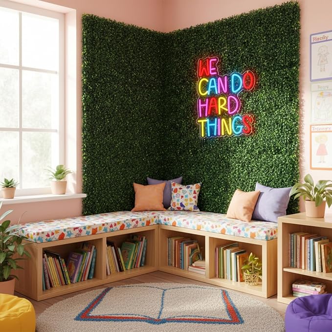 Thyle 10 Pcs Classroom Reading Corner Decorations Set We Can Do Hard Things | Neon Lights and 9 Pcs Artificial Grass Wall Panels Backdrop Decor for Back to School Library Teen Girls Bedroom
