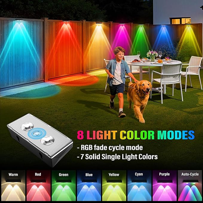 Dusk to Dawn Solar Fence Lights 7 Fixed Colors and RGB Waterproof Solar Deck Light ON/Off Push Switch Outdoor Solar Wall Lights for Outside/Backyard/Step/Patio/Pool, 8PACK