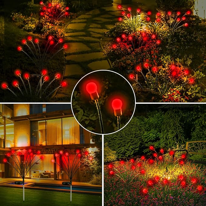 6 Pack Solar Firefly Lights Outdoor Swaying Garden Decorations 48LED Red | 2 Lighting Mode, Auto On/Off, Sway with Wind, Waterproof Solar lights Outdoor for Flower Bed Patio Pathway Courtyard Decor