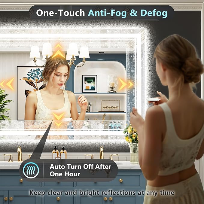 50x40 LED Bathroom Mirror, Backlit & Front Lit Lighted Mirror | Anti-Fog Vanity Mirror with Lights, 3 Color Dimmable, Memory, Shatterproof, Tempered Glass, CRI95, UL Listed, Wall Mounted