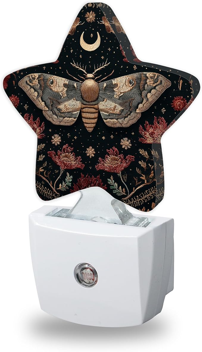 Black Poppy Moth Nightlights Plug in Wall,Mushroom Moon Decorative Star Lamp with Automatic Lighting for Living Space,Gentle Glow for Kids Room,Hallway,Bathroom