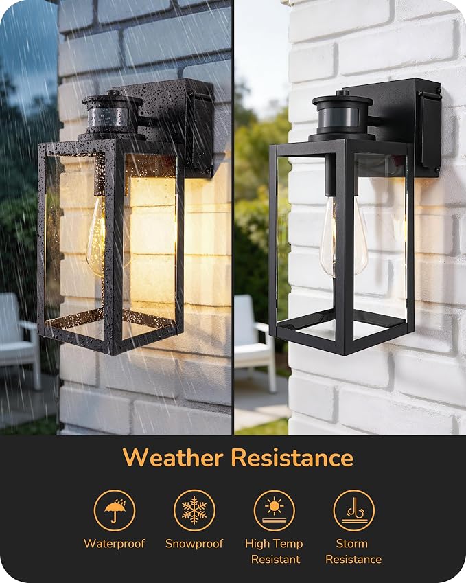 EDISHINE Porch Lights with GFCI Outlet, Motion Sensor & 3 Modes Modern Outdoor Wall Lights, 12" H Dusk to Dawn Exterior Light Fixture Waterproof Wall Lantern for Front Door, Garage, Black