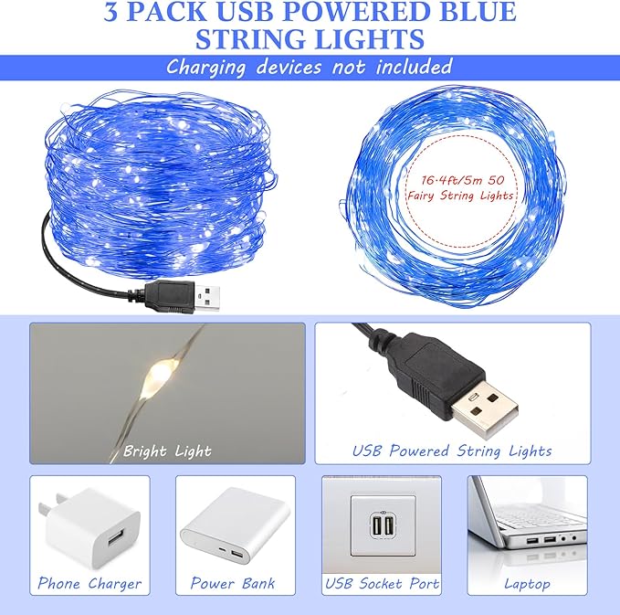 Macarrie 3 Pcs Blue Fairy Lights USB Powered 16 ft 50 LED String Lights Plug in for Indoor Outdoor Bedroom DIY Party Wedding Home Festival Tree Garden Xmas Decoration