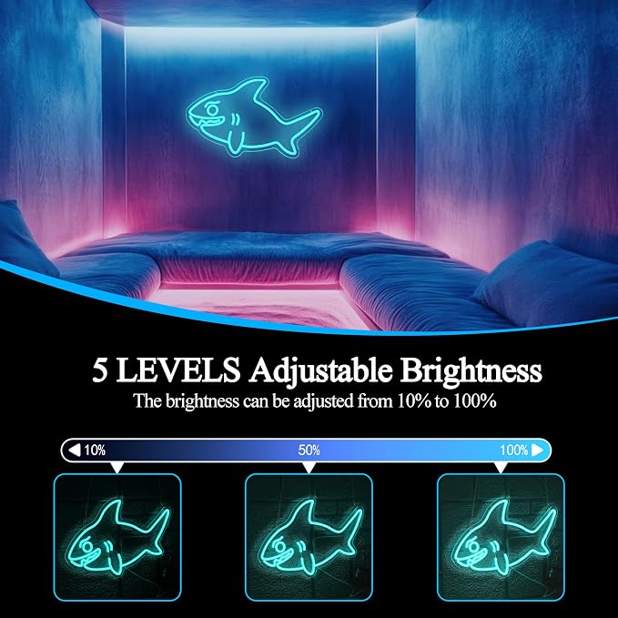 Shark Neon Sign for Wall Decor Fish LED Neon Light USB Powered Shark Shaped Light Sign for Wall Decor Man Cave Zoo Bedroom Home(10.63 * 16.54In)