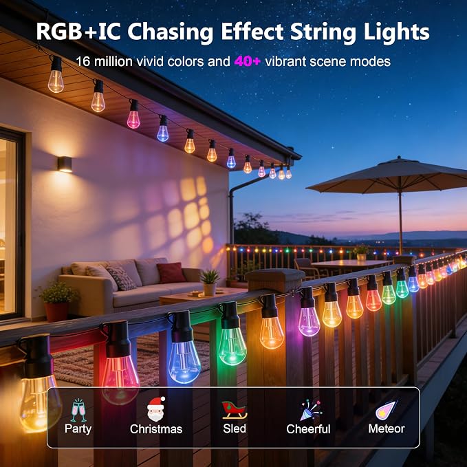 Beizelte Outdoor String Lights, 200FT RGB+IC Outside Light Dimmable Shatterproof LED Bulbs, IP67 Waterproof Chasing Effect Lighting DreamColor Patio Strip Lights for Backyard, Balcony, Outdoor Living