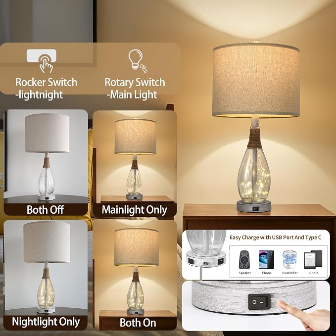 23" USB A+C Table Lamp for Bedroom Living Room Modern Bedside Lamps Retro Farmhouse Rattan Glass Nightstand Nightlight Lamps (White),Two Light Points
