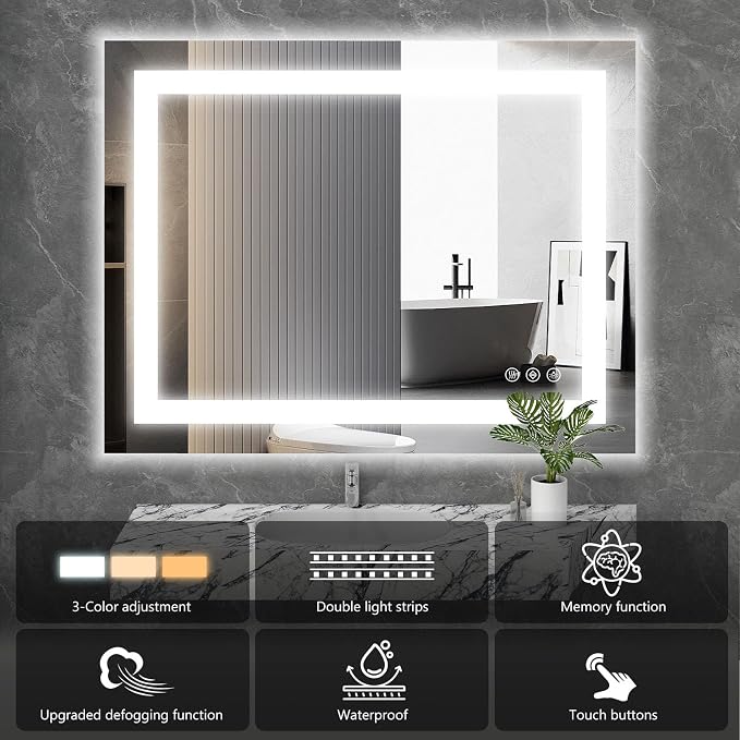 Sweetcrispy 28"x 36" Smart Anti-Fog LED Bathroom Mirror with Lights and Front Light & Backlit, 3 Color Temperatures, Dimmable, Memory Function, Rectangle Modern Vanity Mirror