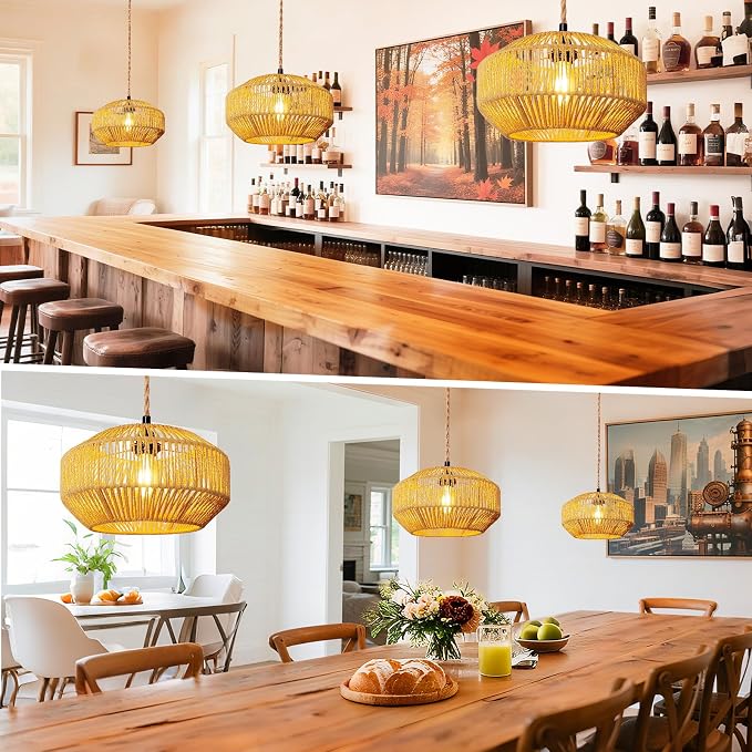 Hanging Light Ceiling Lamp Pendant Lights Rattan Hanging Lamp with Plug in Cord for Living Room Bedroom Kitchen Indoor Hanging Lamp Plug in Woven Lampshade