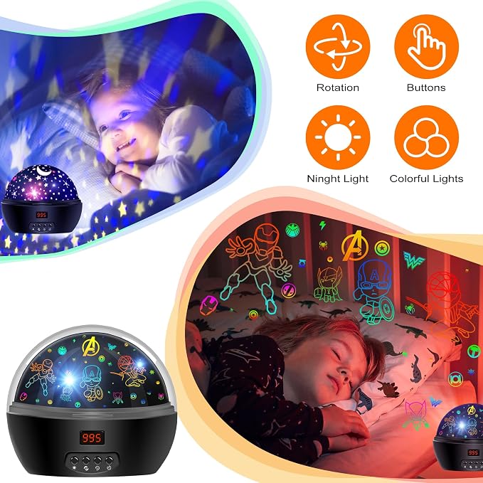 MOKOQI Kid Light Projector Superhero Toys for Boys 5-7 Avengers Night Light | Projector with Timer for Kids Room, 360 Degree Rotation Toddler Nightlights with Spiderman Figurine Star Lamps