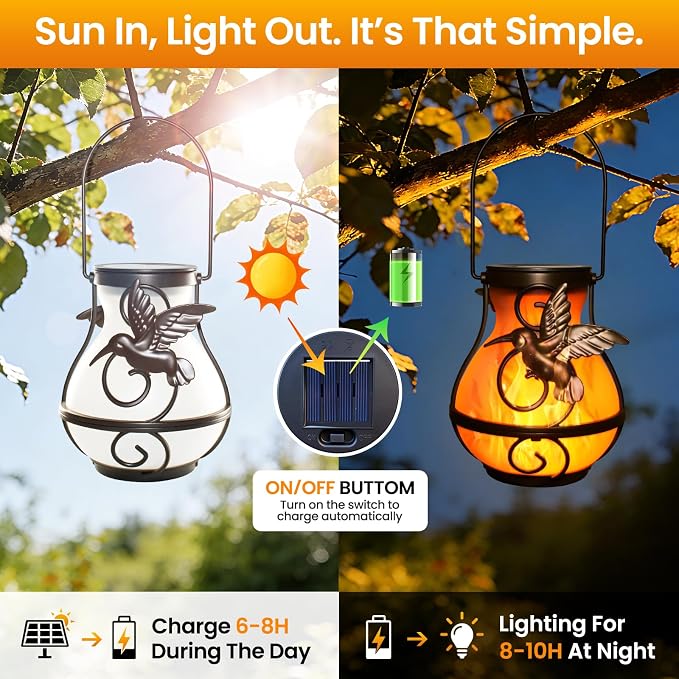 2 Pack Solar Lanterns Outdoor Waterproof, Plastic Flickering Flame Lights with Hummingbird Design, Hanging Solar Lantern for Patio, Porch & Garden Decoration, Gifts for Women, Mom