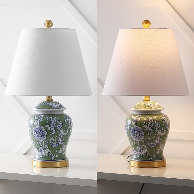 JONATHAN Y Penelope Ginger Jar 22" LED Table Lamp, Green/White | Chinoiserie, Ceramic Metal Construction, French Country Traditional, Linen Empire Shade, Brass Gold, LED Bulb Included