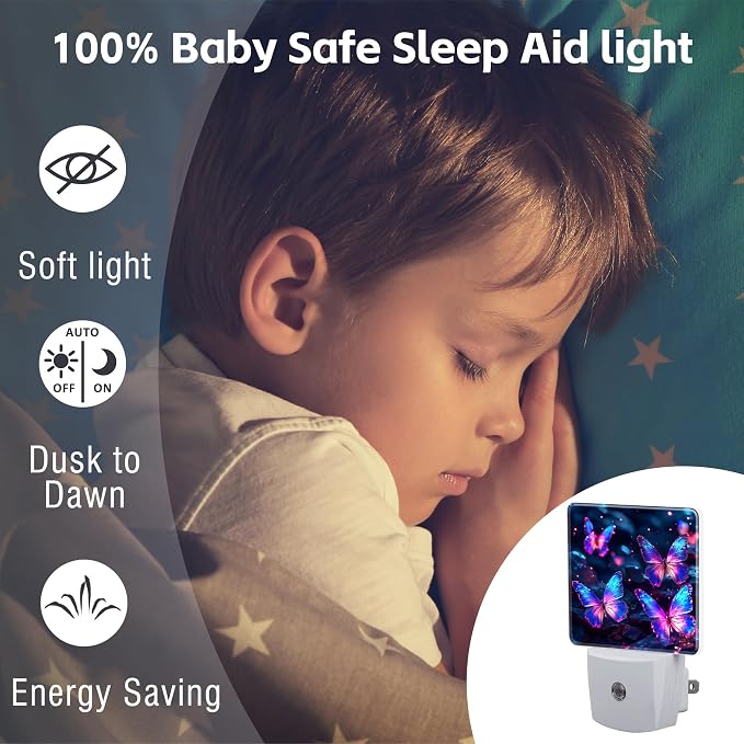 Glowing Purple Butterflies Night Light Plug into Wall, Neon Butterfly Dusk to Dawn Night Light,0.5w Energy Saving Sleep Friendly Nightlights for Kids Boys Girls Home Decor
