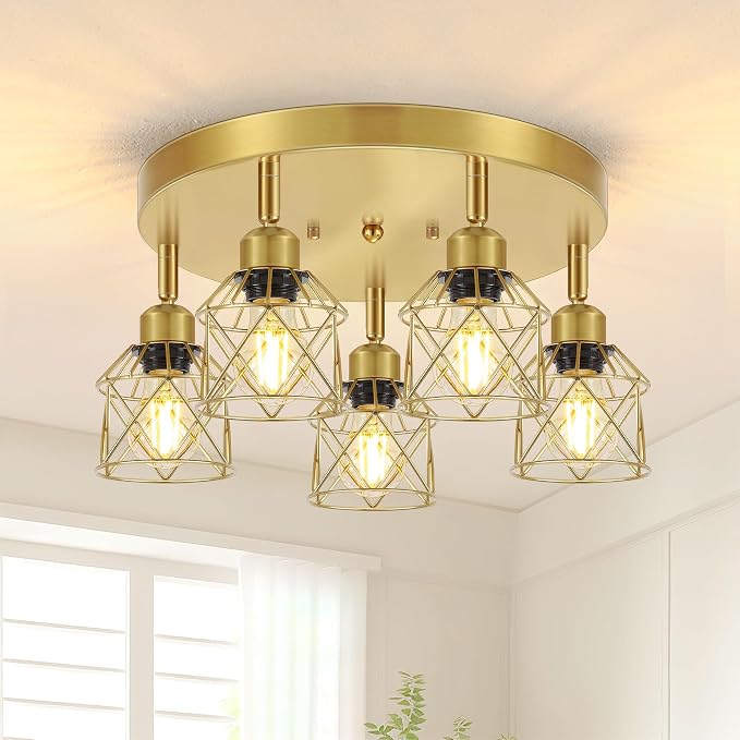 Baocuz 5-Light Semi Flush Mount Ceiling Light, Gold Kitchen Lighting Fixtures Ceiling with Metal Shade, Hallway Light Fixtures with Mini Cage for Entryway, Bedroom, Living Room