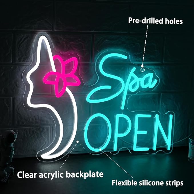 Spa Open Neon Sign for Wall Decor Adjustable Usb Powered Beauty Salon Led Light Sign 16.54’’*12.6’’ Open Neon Light for Salon Bar Hair Salon Make Up Lashes Nail Decoration