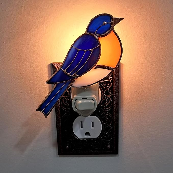 Gift Essentials Bluebird Plug in Night Light - Stained Glass Nightlight with On/Off Rocker Switch - Includes One 4 Watt Replaceable Incandescent Warm Glow Bulb