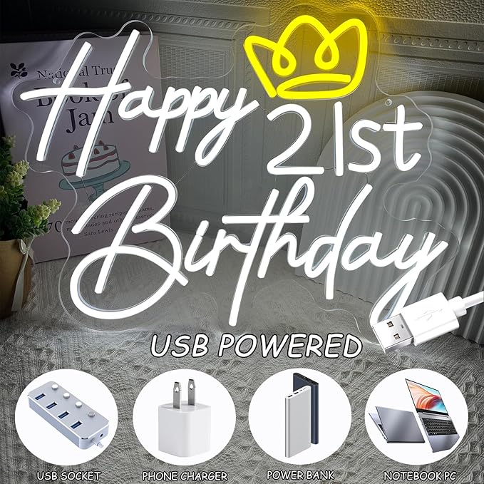 21st Happy Birthday Neon Sign, 16.9 x 13 Inch Birthday Neon LED Signs, Dimmable Neon Happy Birthday Light for Wall Decor, Birthday Light Up Sign Party Decoration for Home Club Bar Pub Anniversary