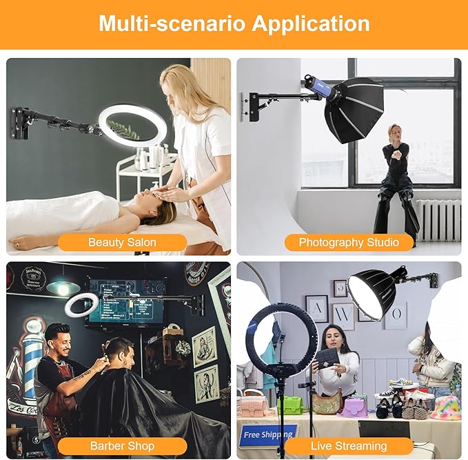 SITTO Ring Light Wall Mount 43inch/110cm, Triangle Boom Arm for Barbershop, Beauty Salon, Live Streaming, Tattoo, Photography Studio, Support 180° Rotation