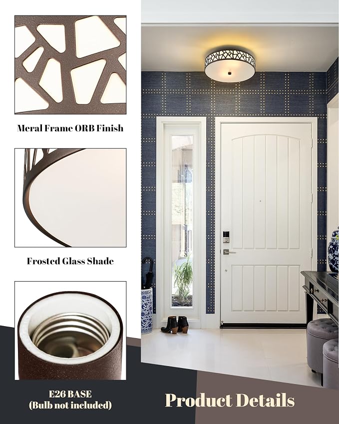 12 Inch Flush Mount Ceiling Light, 2 - Light Vintage Ceiling Lights Fixture with Frosted Glass Shade, Oil Rubbed Bronze Light Fixture for Hallway Corridor Kitchen Bathroom Bedroom Passway