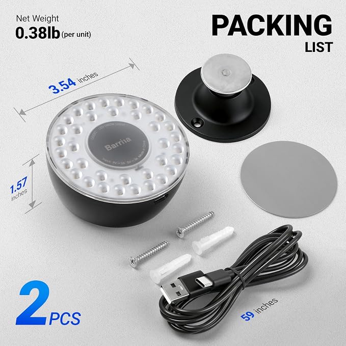 Barrina Orbgrow OG03C Rechargeable Puck Grow Light, 5000K, 2 Packs, Black | Cordless Full Spectrum Plant Light for Indoor Plants, Magnetic & Touch Switch with Timer, Small Grow Lamp for Plant Shelf