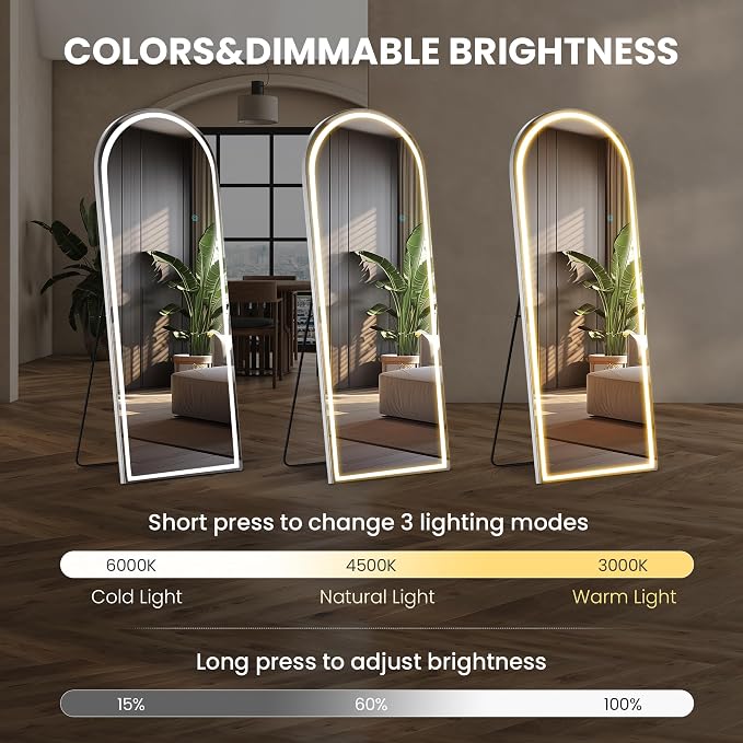 Sweetcrispy Arched LED Full Length Floor Mirror, 71"x26" Full Body Mirror | Standing Mirror with Dimming & 3 Color Lighting, Shatterproof Tempered Glass, Wall Hanging or Leaning for Home Decor, White